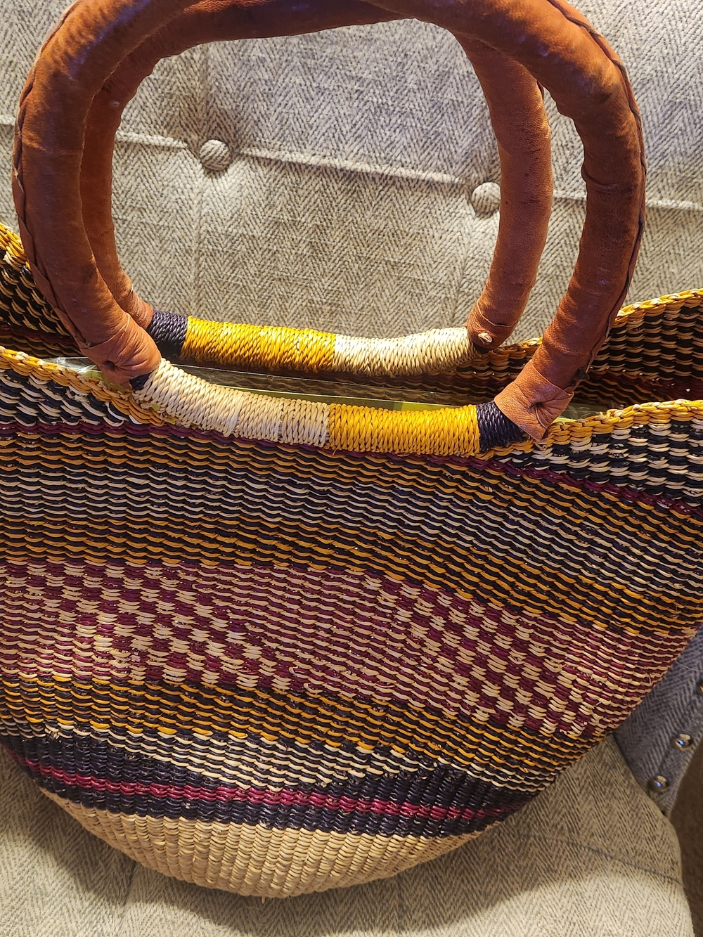 Handwoven Multicolor Straw Tote Bag with Leather Handles